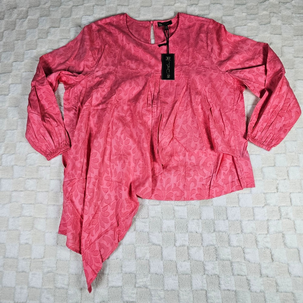 Diane Gilman DG2 Pink Jacquard Floral Asymmetrical Hem Blouse 2X NWT